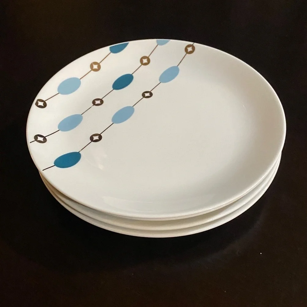 Pier 1 White Salad Plates with Blue &Green Accents. Beaded Garland. Set of 4.